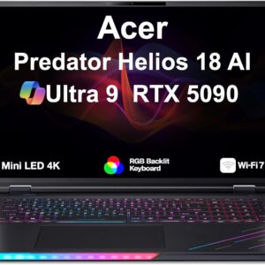 Acer Predator Helios 18 AI AI Gaming Laptop 18″ 120Hz Mini LED 4K Display (Intel Ultra 9- 275HX, GeForce RTX 5090 24GB, 128GB DDR5, 4TB PCIe SSD, RGB KB, 2 Thunderbolt 4, WiFi 7, Win 11 Pro)