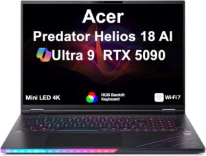 Acer Predator Helios 18 AI AI Gaming Laptop 18″ 120Hz Mini LED 4K Display (Intel Ultra 9- 275HX, GeForce RTX 5090 24GB, 128GB DDR5, 8TB PCIe SSD, RGB KB, 2 Thunderbolt 4, WiFi 7, Win 11 Pro)