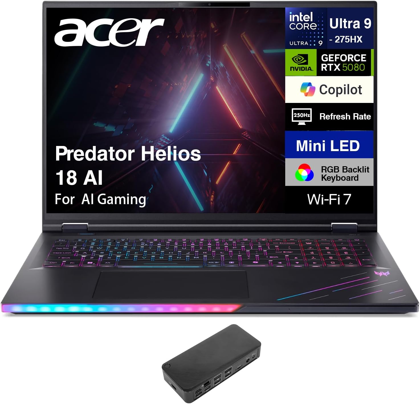 acer Predator Helios 18 AI AI Gaming Laptop 18" WQXGA (Intel Ultra 9-275HX, GeForce RTX 5080 16GB, 128GB DDR5, 8TB PCIe SSD, Win 11 Pro) w/USB-C Dock