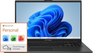 ASUS Vivobook Go 15.6” FHD Slim Laptop, AMD Ryzen 3 7320U Quad Core Processor, 8GB DDR5 RAM, 256GB SSD, Windows 11 Home, E1504FA-AB34 with Microsoft 365 Personal (1 Year)