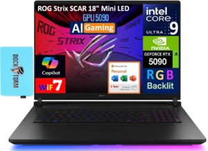 ASUS ROG Strix Scar AI Gaming Laptop 18″ 240Hz Mini LED WQXGA Display (Intel Ultra 9-275HX, GeForce RTX 5090 24GB, 32GB DDR5, Win 11 Pro) w/MS 365 Personal, DKZ USB Port Expander